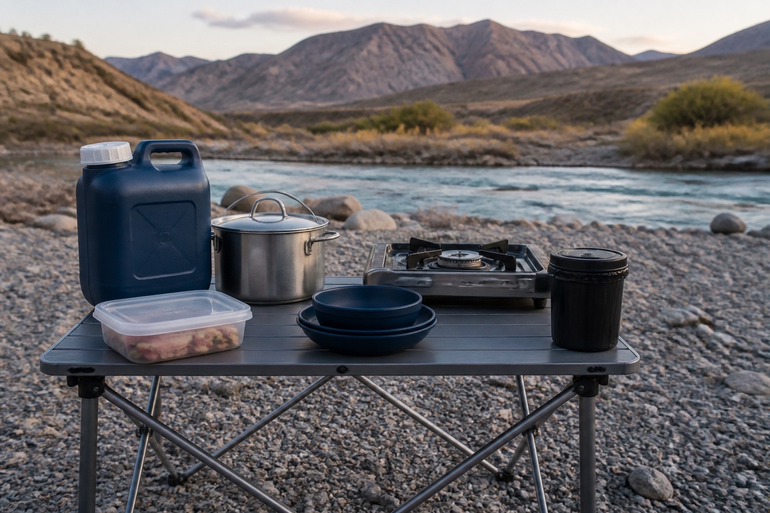 A compact contained camp kitchen arranged on durable gravel