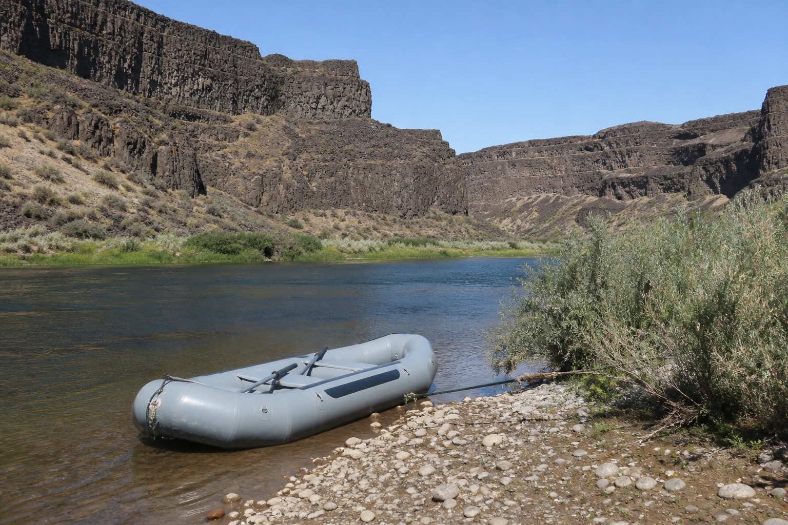 An unbranded raft secured in a calm eddy beside a gravel bar