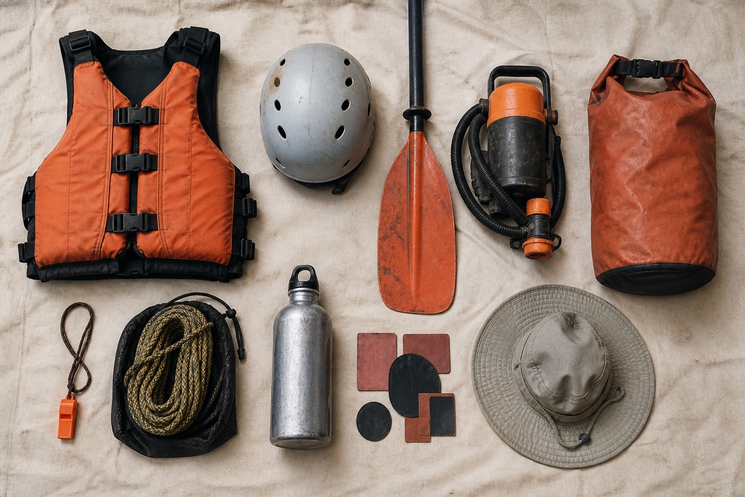 Generic river safety and repair gear arranged in an orderly grid