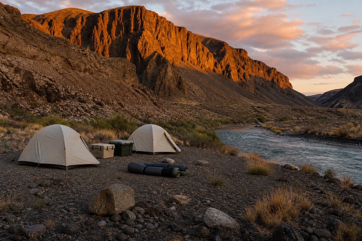 A minimal low-impact overnight camp on a gravel terrace above the river
