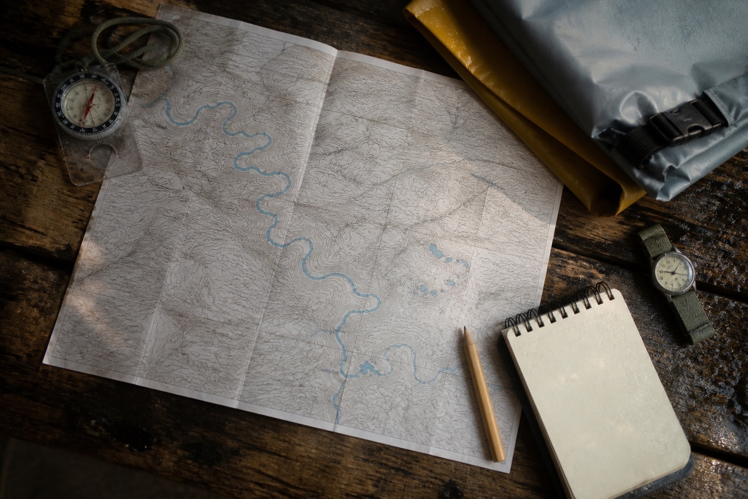 A river map, compass, notebook, and dry bags arranged for trip planning