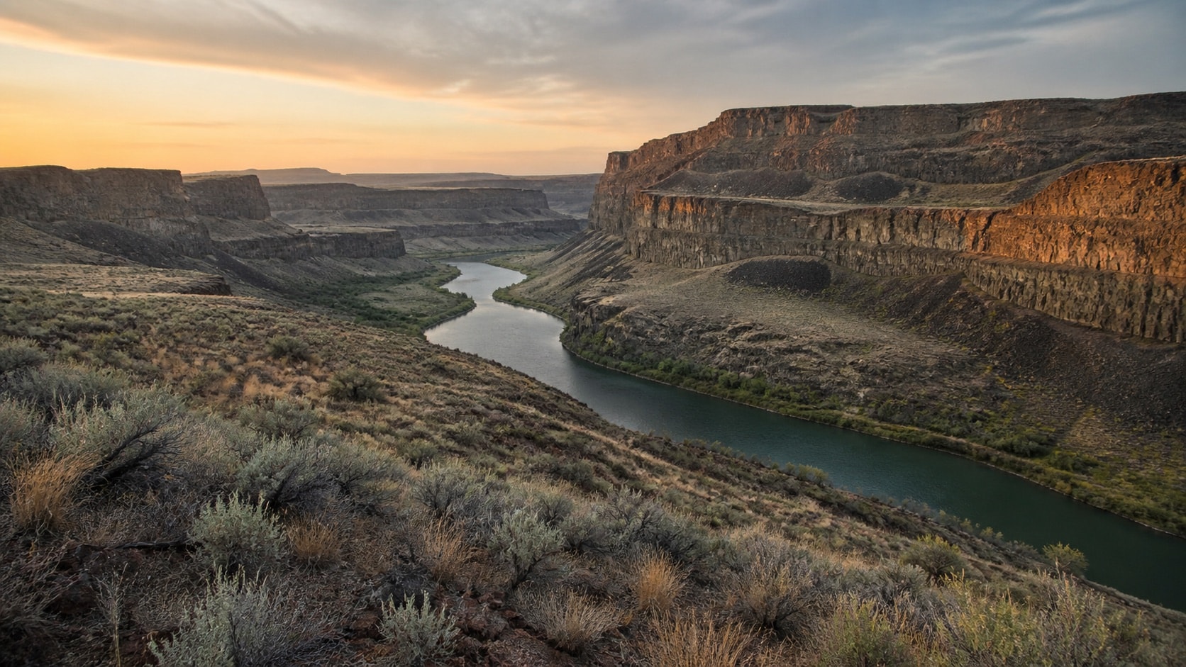 A broad river curving through a high-desert basalt canyon at dawn