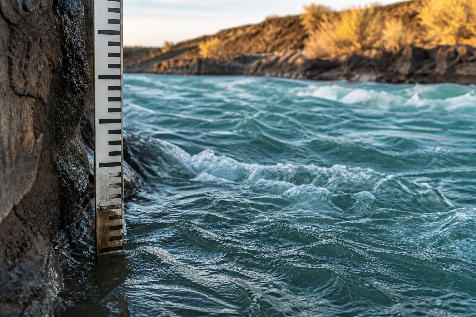 Moving river water flowing past a simple unmarked gauge near basalt