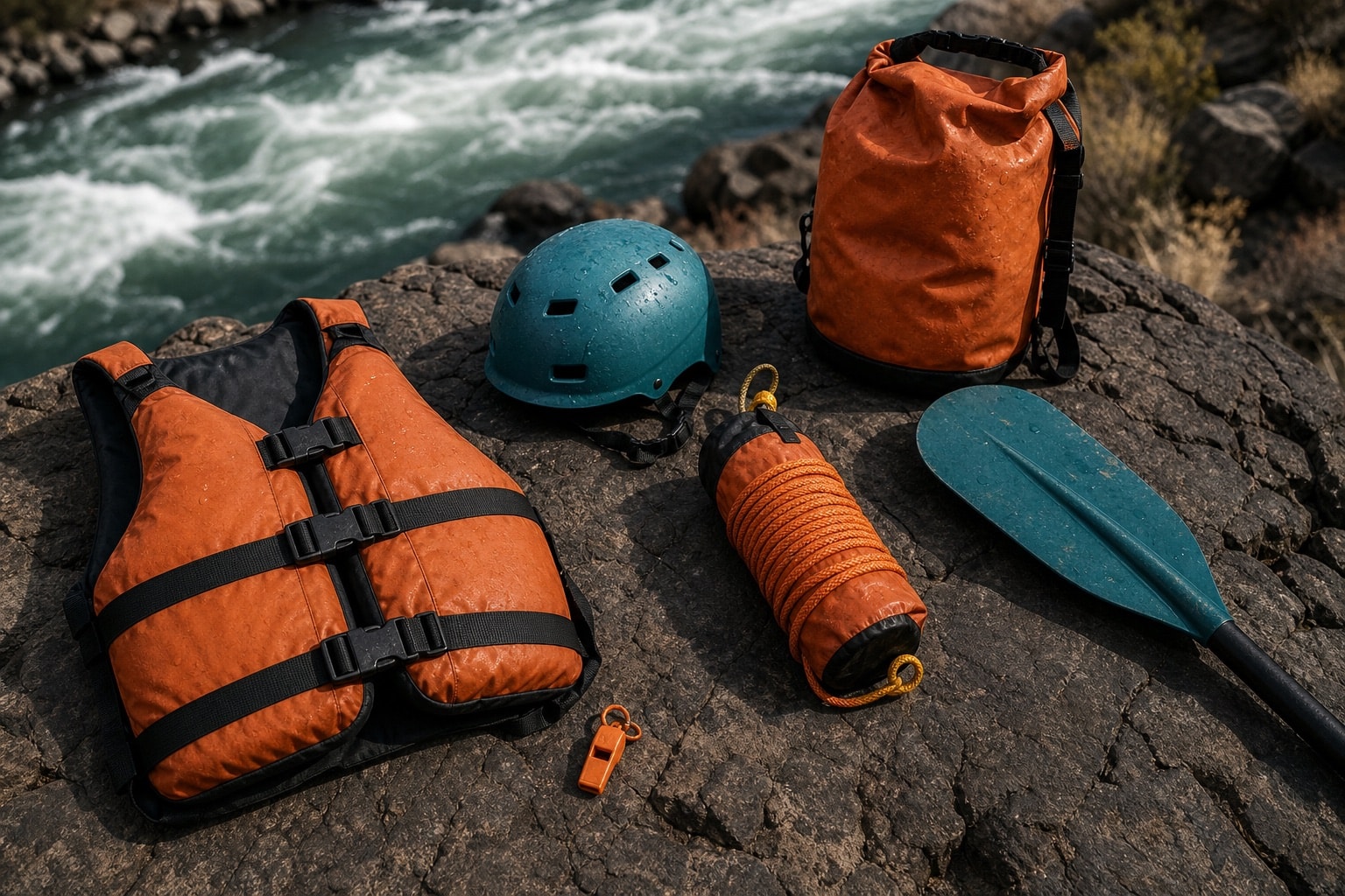 Generic whitewater safety equipment arranged on basalt beside a river