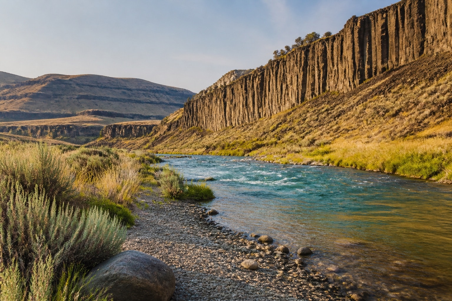 An undisturbed gravel shoreline with sagebrush beside a clear river
