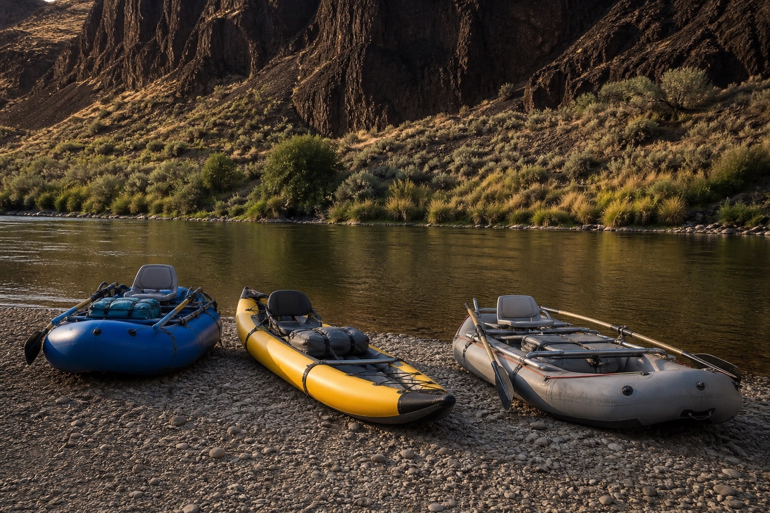 Three types of unbranded river craft resting on a gravel bar